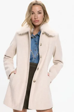 Abrigo midi de paño cuello de pelo