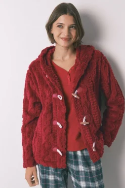 Bata corta capucha polar suave rojo