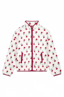 Bata corta tejido borreguito blanco flores