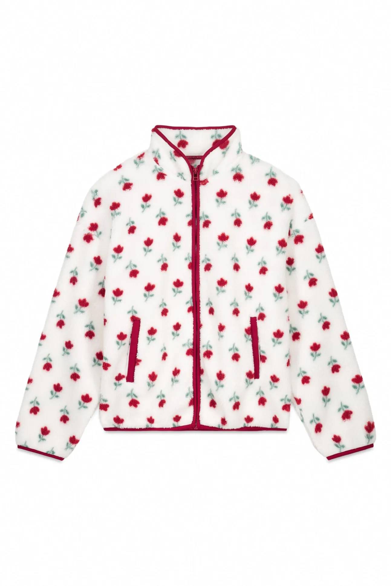 Bata corta tejido borreguito blanco flores