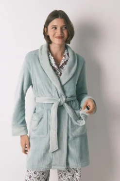 Bata midi cruzada tejido polar azul