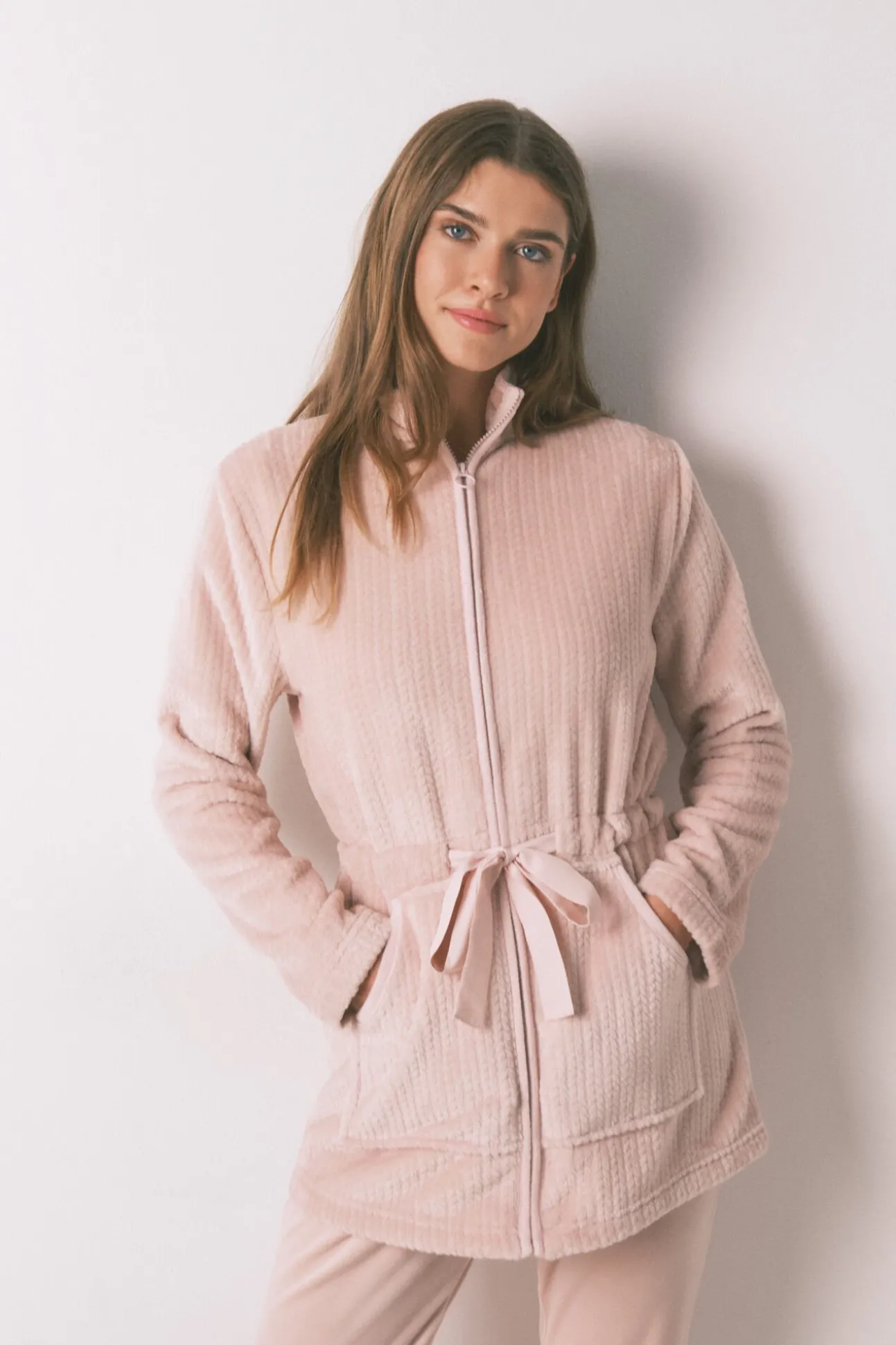Bata midi tejido polar rosa