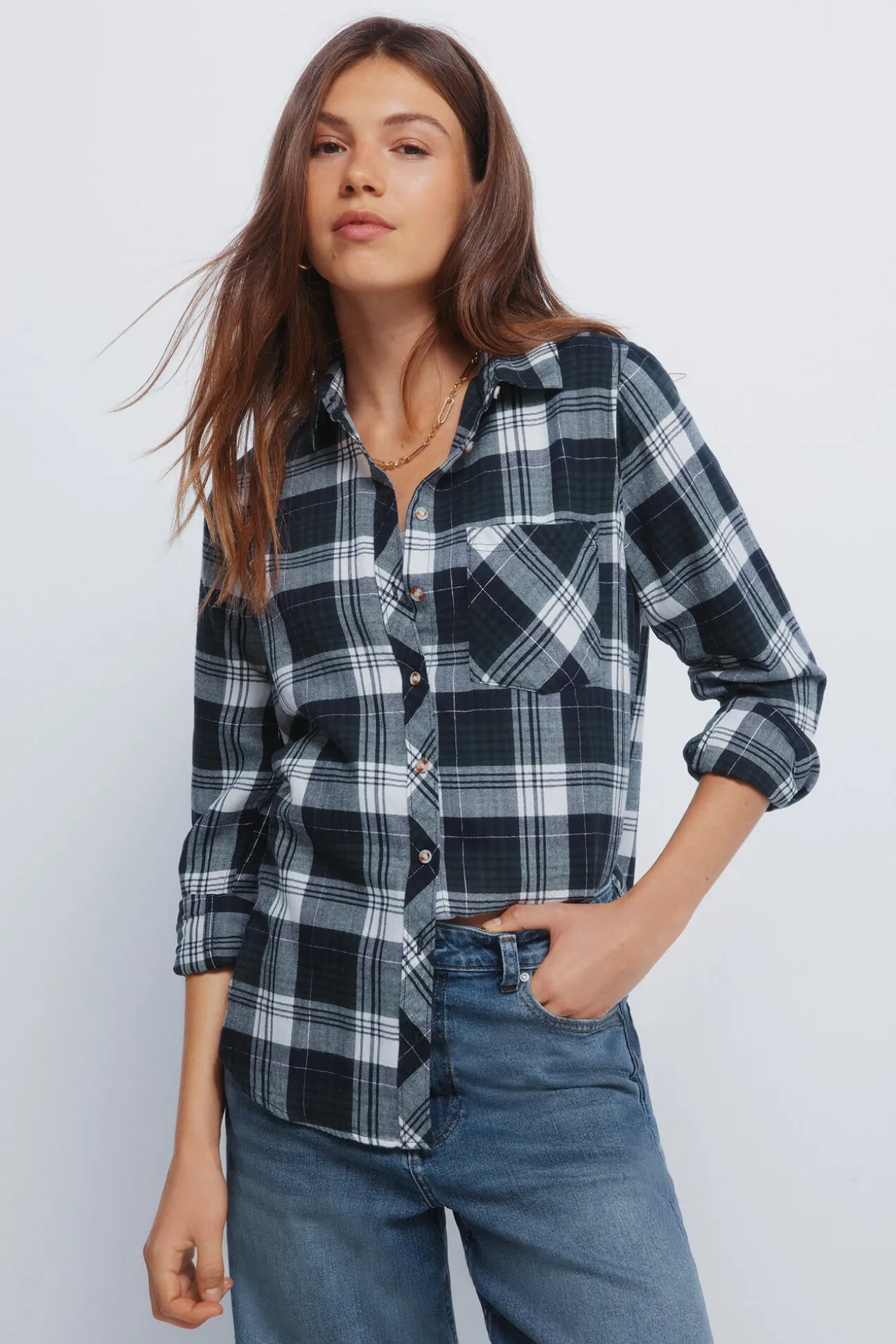 Camisa cuadros lurex bolsillo