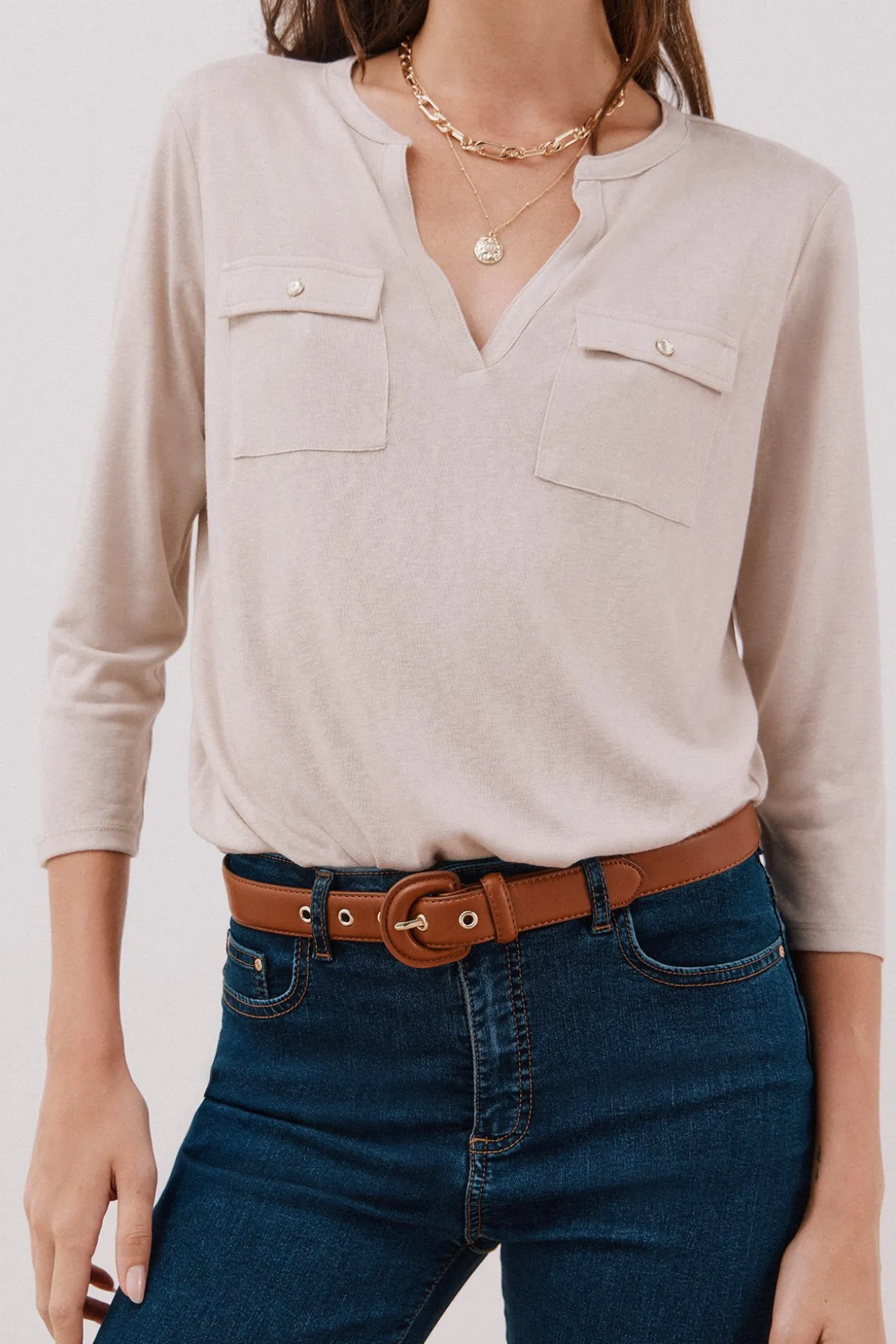 Camiseta cuello mao efecto lino