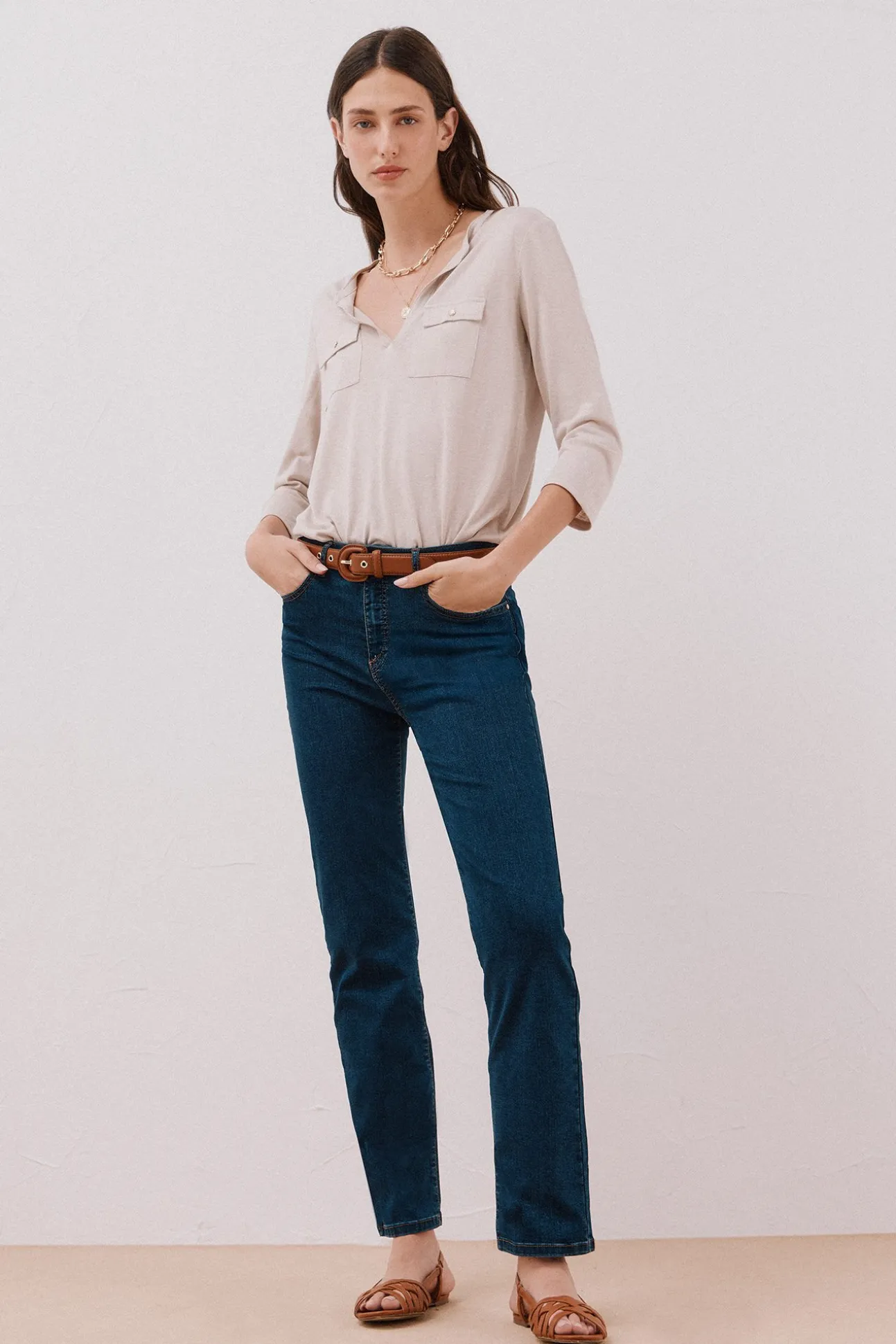 Camiseta cuello mao efecto lino