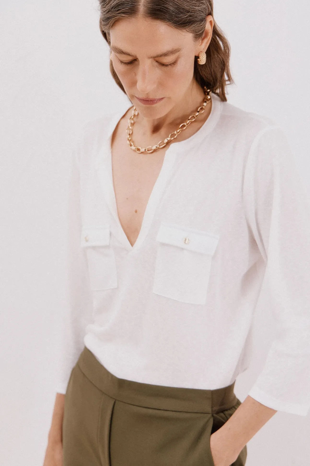 Camiseta cuello mao efecto lino