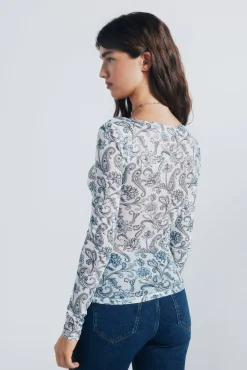 Camiseta gasa escote frunces estampada