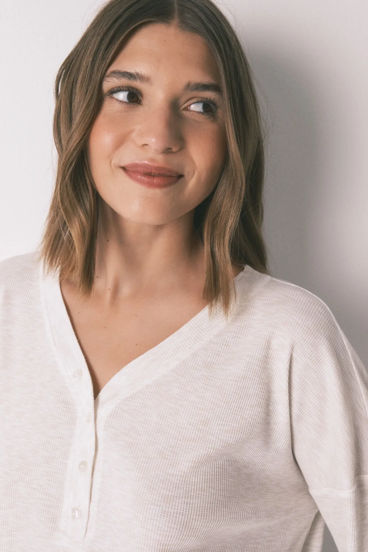 Camiseta manga larga waffle marfil