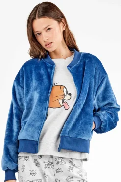 Chaqueta bomber azul de peluche mujer
