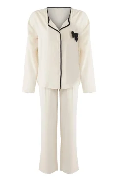 Conjunto pijama camisero viscosa ribetes y lazo