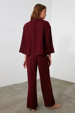 Conjunto pijama camisero viscosa burdeos ribetes