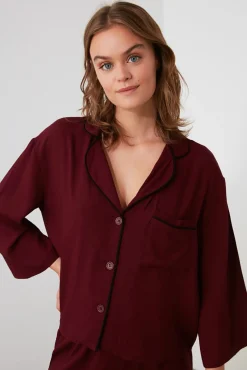 Conjunto pijama camisero viscosa burdeos ribetes