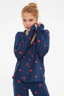 Conjunto pijama camisero azul corazones