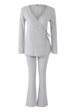 Conjunto pijama jaspeado cierre lazo gris