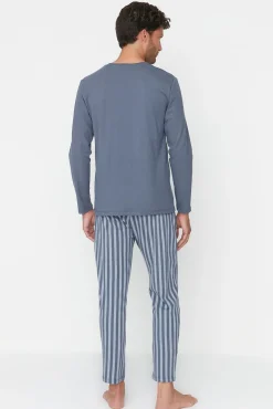 Conjunto pijama largo azul rayas100% algodón