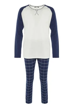 Conjunto pijama largo azul cuadros 100% algodón