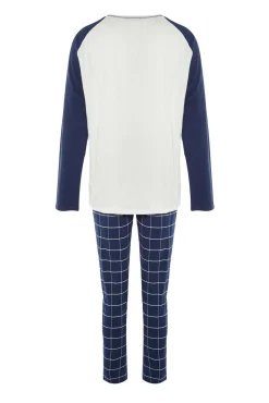 Conjunto pijama largo azul cuadros 100% algodón