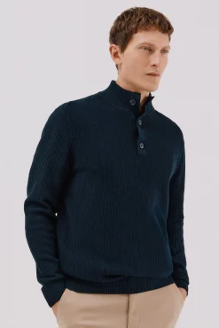 Jersey algodón estructura cuello alto con botones