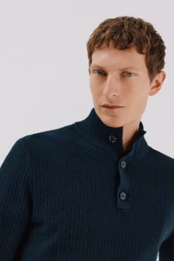 Jersey algodón estructura cuello alto con botones