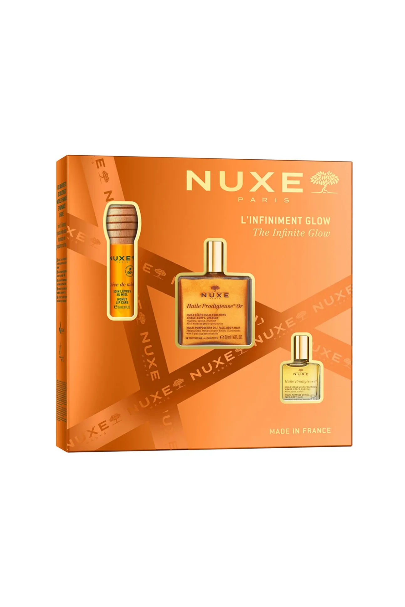 NUXE COFRE REGALO GLOW INFINITO - HUILE PROD OR + REVE THE MIEL LABIAL + HUILE CLASSIC