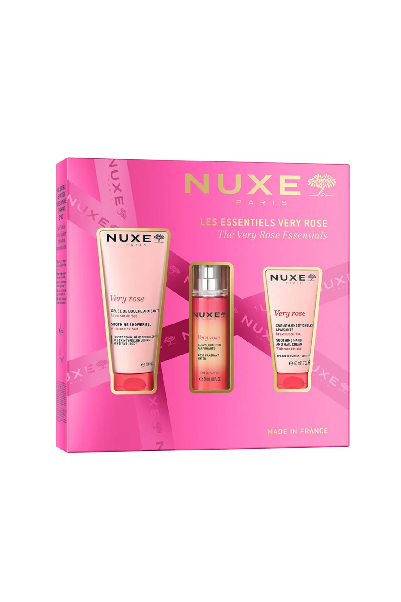 NUXE COFRE REGALO VERY ROSE GEL LIMPIADOR + CREMA MANOS + AGUA PERFUMADA