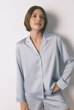 Pijama camisero corto satén azul