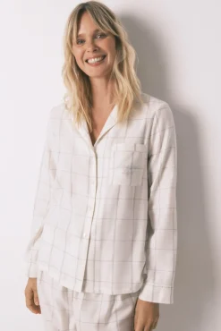 Pijama camisero franela algodón blanco print cuadros