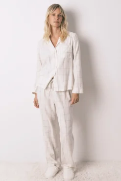 Pijama camisero franela algodón blanco print cuadros