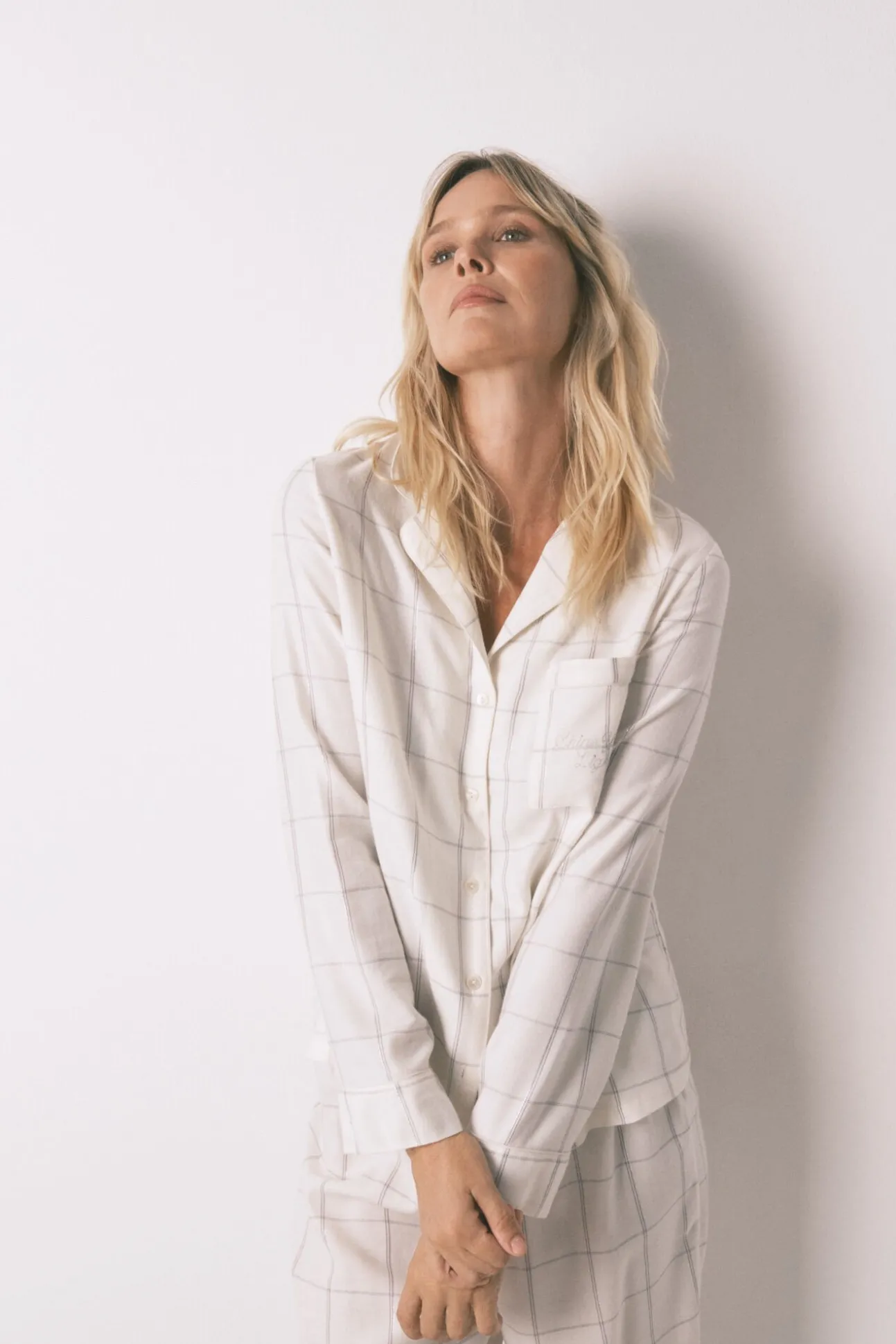 Pijama camisero franela algodón blanco print cuadros