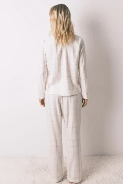 Pijama camisero franela algodón blanco print cuadros