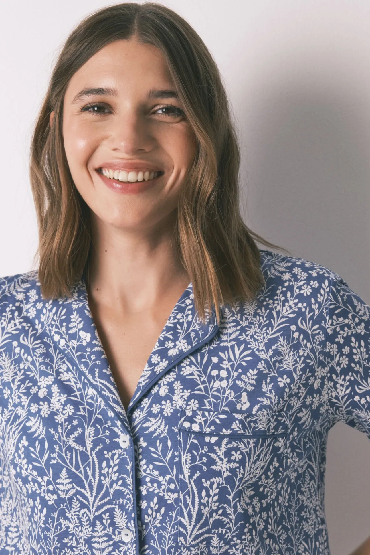 Pijama camisero largo 100% algodón azul print flores