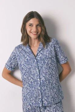 Pijama camisero largo 100% algodón azul print flores