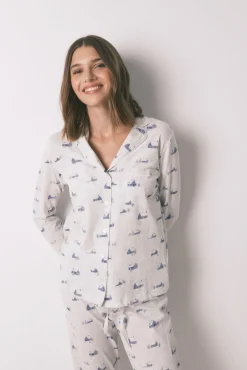 Pijama camisero largo 100% algodón gris print casitas