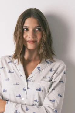 Pijama camisero largo 100% algodón gris print casitas