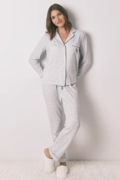 Pijama camisero largo cuadros efecto brillo