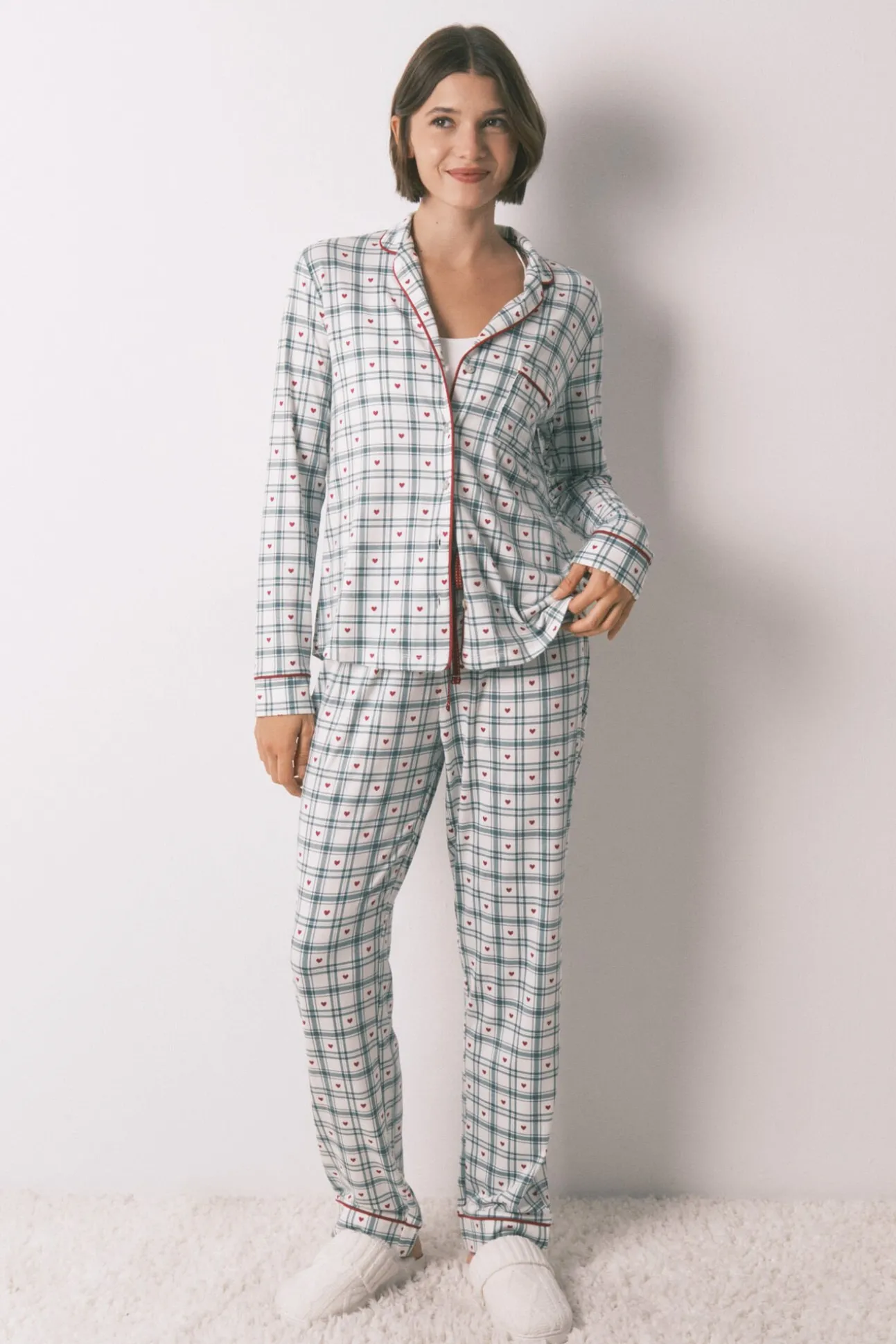 Pijama camisero largo estampado cuadros verde