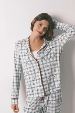 Pijama camisero largo estampado cuadros verde