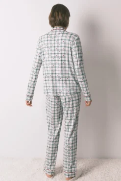 Pijama camisero largo estampado cuadros verde