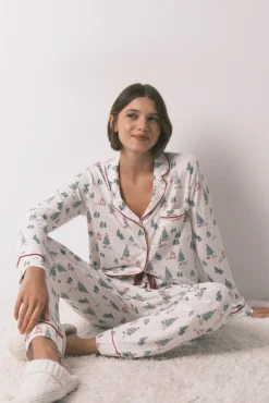 Pijama camisero largo estampado navidad blanco