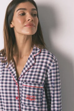 Pijama camisero largo punto suave cuadros