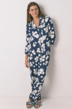 Pijama camisero largo viscosa floral azul