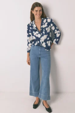 Pijama camisero largo viscosa floral azul
