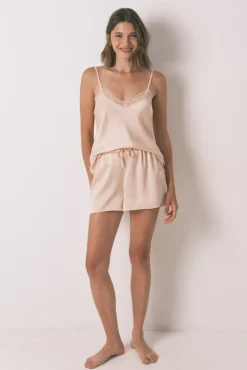 Pijama corto satén encaje rosa