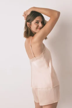 Pijama corto satén encaje rosa