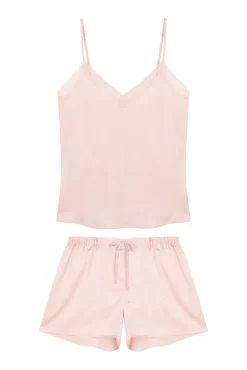 Pijama corto satén encaje rosa