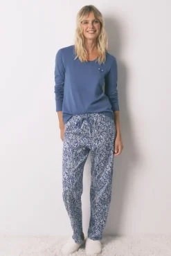 Pijama largo 100% algodón azul print flores