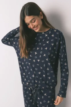 Pijama largo 100% algodón azul estampado ranitas