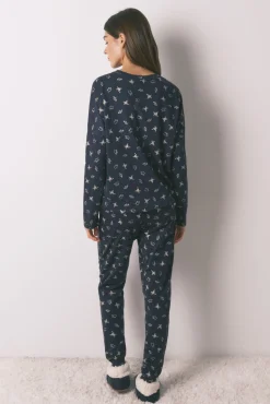 Pijama largo 100% algodón azul estampado ranitas