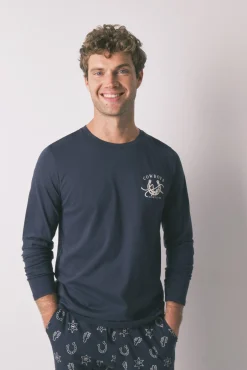 Pijama largo 100% algodón country azul