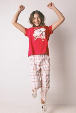 Pijama largo 100% algodón cuadros rojo Snoopy